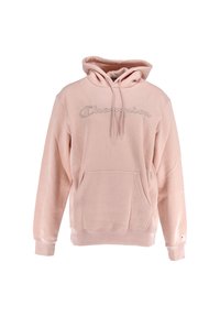 Sudadera de forro polar rosa con un bolsillo frontal, capucha con cordón y un logo tonal de "Champion" en el pecho. Presenta puños y dobladillo de canalé.