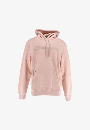 Sudadera de forro polar rosa con un bolsillo frontal, capucha con cordón y un logo tonal de "Champion" en el pecho. Presenta puños y dobladillo de canalé.