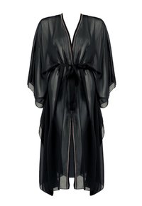 Czarny przezroczysty kimono z wiązanym paskiem, z szerokimi rękawami i kontrastowym metalowym zamkiem błyskawicznym wzdłuż frontowego otwarcia.