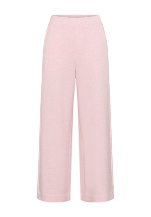 hele roosad laia jalaga püksid elastse vöökohaga, ilma nähtavate taskute või sulgudeta, esiplaanil valgel taustal.