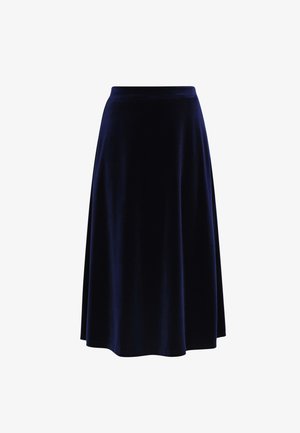 Navyblaue Samtjacke mit glatter Textur, A-Linie Form und weitem Bund. Sie endet unterhalb des Knies und zeichnet sich durch eine einfarbige Gestaltung ohne Muster aus.