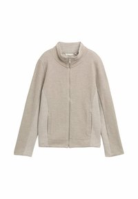 Giacca zip-up beige chiaro con colletto alto. Presenta un tessuto testurizzato sul davanti e lati lisci, con due tasche laterali.
