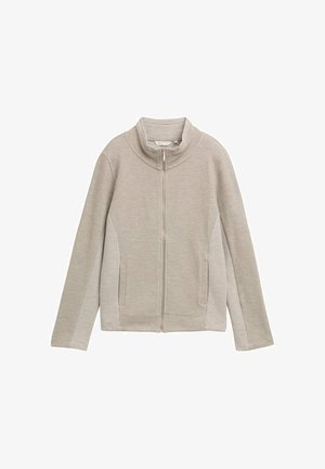 Light beige zip-up jacket with a high collar. Features textured fabric on the front and smooth sides, and two side pockets.