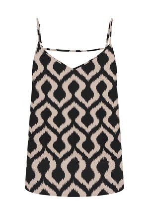 Canottiera beige senza maniche con motivo geometrico nero a diamante e zigzag, con sottili spalline regolabili e una fascia orizzontale sulla scollatura.