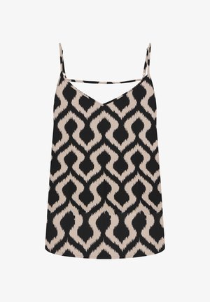 Canottiera beige senza maniche con motivo geometrico nero a diamante e zigzag, con sottili spalline regolabili e una fascia orizzontale sulla scollatura.