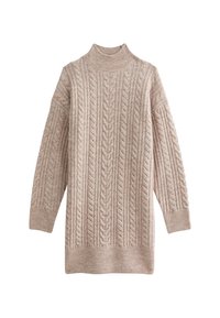 Krémové pletené šaty svetr s dlouhými rukávy, vroubkovaným vysokým límcem a vroubkovanými manžetami a lemem.