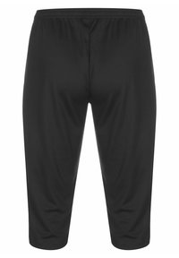 Pantaloni sportivi neri con tessuto liscio, vita elastica e taglio fino al ginocchio. Nessun motivo visibile o dettagli hardware.