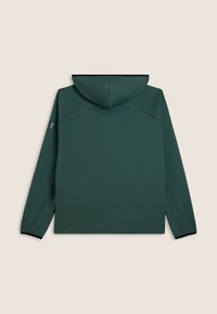 Sweatshirt à capuche en tissu vert foncé. Présente un design simple, des manches longues, une texture lisse et des accents noirs minimalistes.