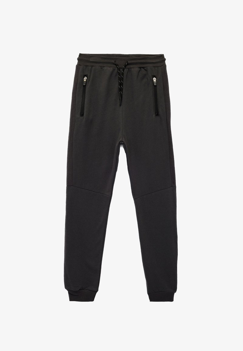 Black sweatpants with a textured finish, featuring a drawstring waistband and zippered side pockets. Contrast panel near the knees.