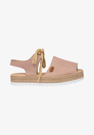 Sandalias de punta abierta en color rosa con acento de cuerda trenzada y correa ajustable. Presentan una plataforma de yute tejido y una suela de goma blanca.