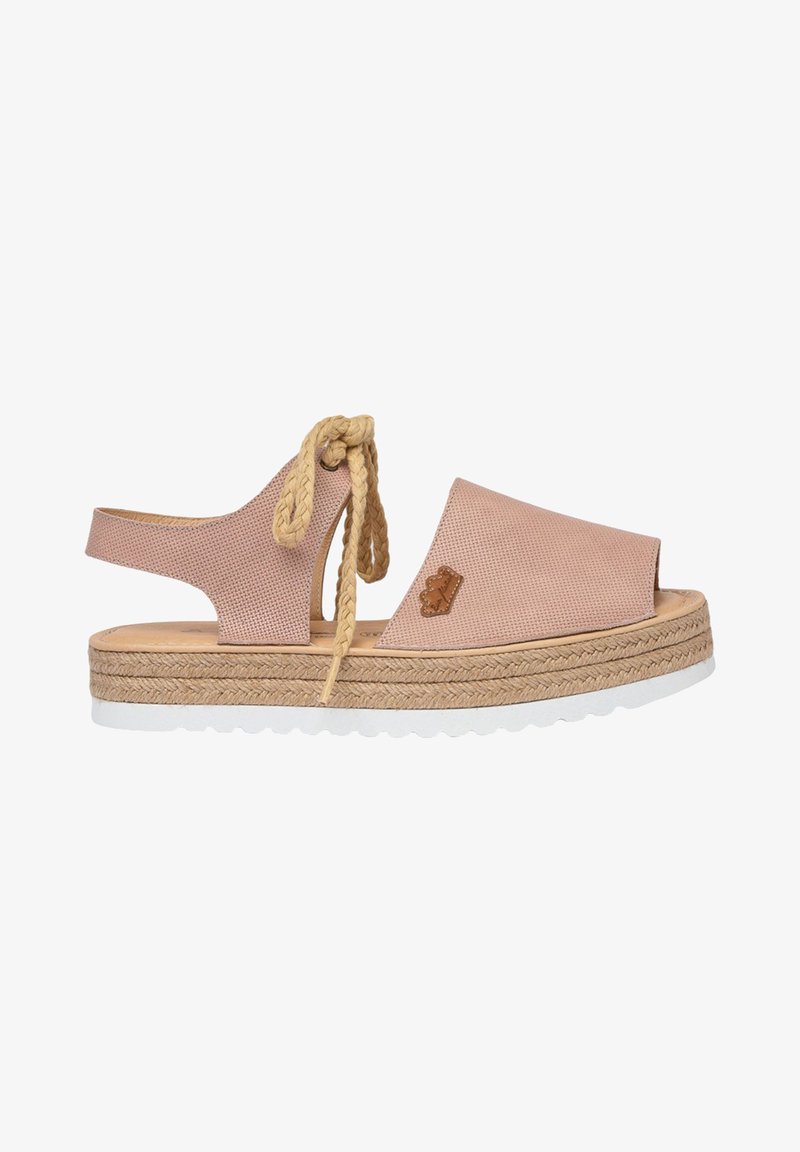 Sandalias de punta abierta en color rosa con acento de cuerda trenzada y correa ajustable. Presentan una plataforma de yute tejido y una suela de goma blanca.