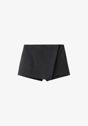 Minifalda negra asimétrica estilo fajín con cierre de cremallera lateral y tejido estructurado.