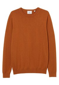 Brązowy sweter wykonany na drutach z okrągłym dekoltem i długimi rękawami, z prążkowanymi mankietami i dołem. Prosty fason, bez wzorów czy ozdób.