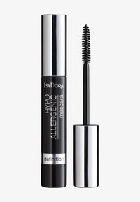 Svart hypoallergenisk mascara med en blank sølvhette. Inkluderer en avsmalnende børsteapplikator for presis påføring. Merkbar merkevare på tuben.