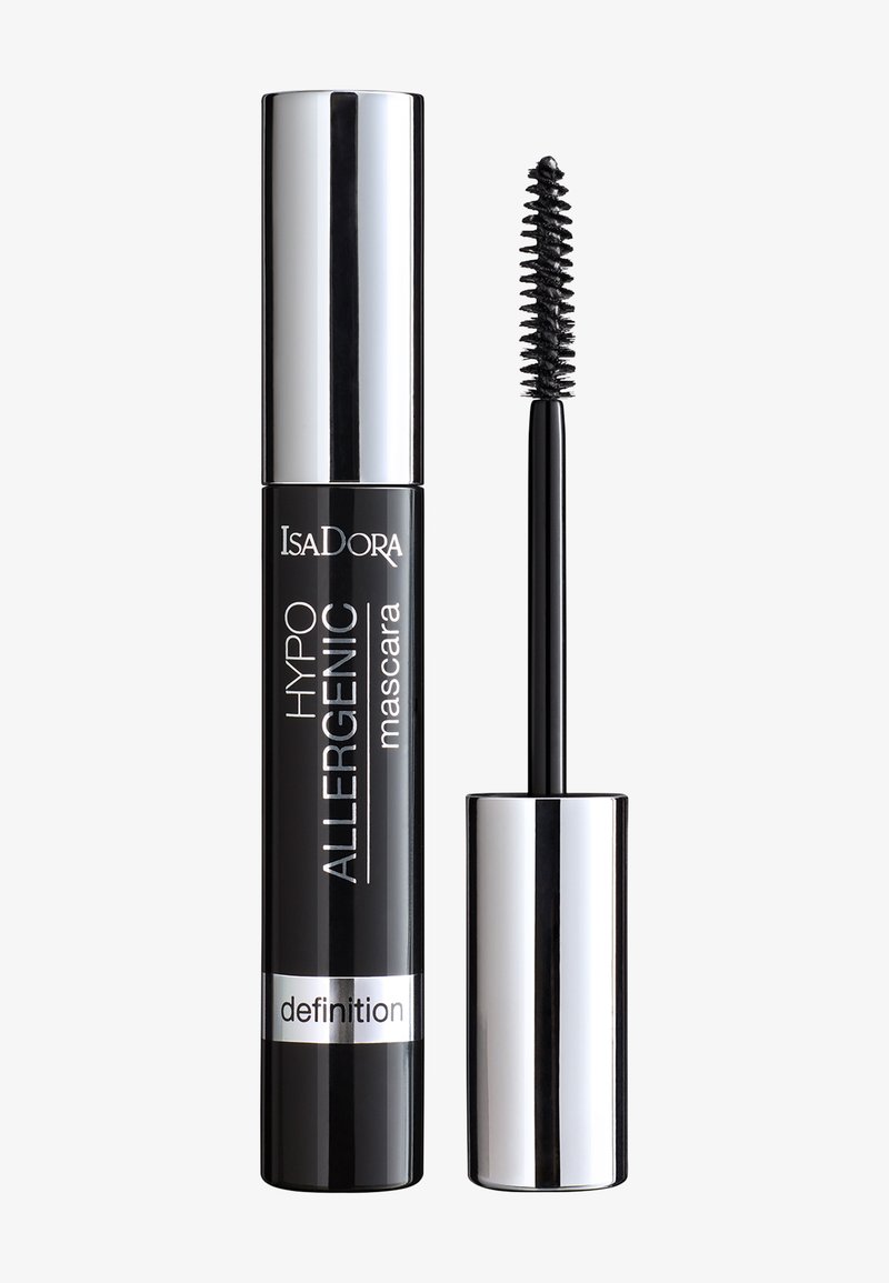 Svart hypoallergenisk mascara med en blank sølvhette. Inkluderer en avsmalnende børsteapplikator for presis påføring. Merkbar merkevare på tuben.