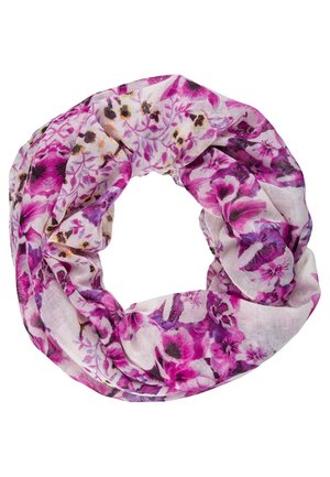 Écharpe circulaire légère avec des motifs floraux roses, violets et beiges sur un fond blanc.