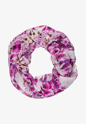 Écharpe circulaire légère avec des motifs floraux roses, violets et beiges sur un fond blanc.