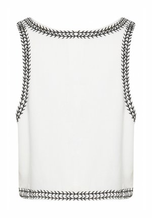 White crop top with a round neckline. Features black contrasting decorative stitching along the edges and the armholes. Smooth texture.