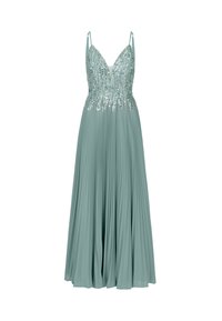 Abito lungo a pieghe in un delicato color teal con scollatura a V. Il corpetto presenta elaborati dettagli in perline d'argento e sottili spalline.