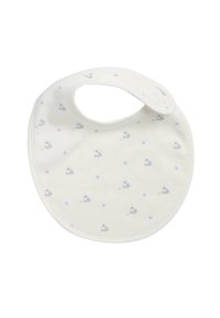 Bavaglino in cotone bianco con motivi di animali in azzurro chiaro. Forma arrotondata con chiusura a scatto sicura al collo. Tessuto morbido.