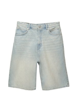 Svetlo modri jeans kratki hlače sproščenega kroja, ki imajo pet žepov, pasne zanke in blede pranje z občutnimi znaki obrabe.