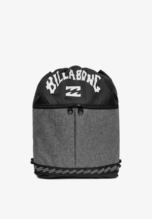 Black and gray Billabong backpack with large front zip pocket and brand name logo in white on the top section.