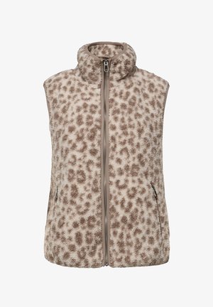 Gilet senza maniche in pelliccia sintetica con stampa leopardata beige e marrone, collo alto, cerniera frontale e tasche laterali con zip.