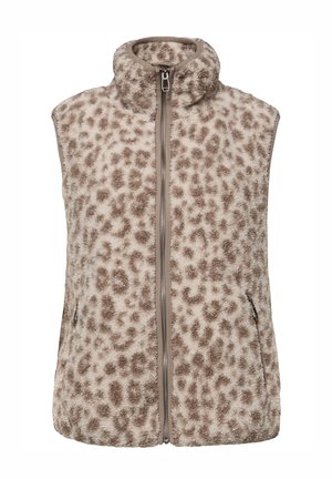 Gilet senza maniche in pelliccia sintetica con stampa leopardata beige e marrone, collo alto, cerniera frontale e tasche laterali con zip.
