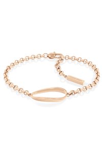 Rose gold armbånd med oval linkdesign, som har en kjede laget av sammenkoblede sirkler og en rektangulær tag som er gravert med "Calvin Klein."