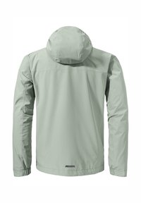 Hellgrüne wasserdichte Jacke mit Kapuze, langen Ärmeln und einem schlichten Design. Verfügt über einen geraden Saum und minimalistische Akzente.