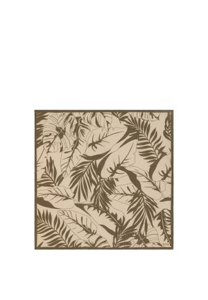 Foulard carré avec un motif de feuilles tropicales se chevauchant dans des tons beige et vert olive foncé.