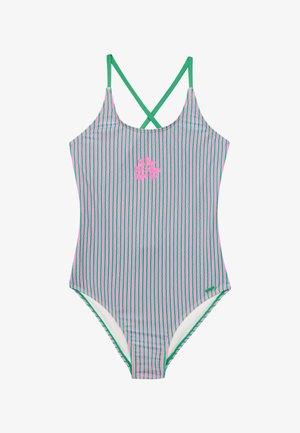 Costume da bagno intero a righe con sottili spalline verdi, caratterizzato da righe verticali rosa e verdi, e un dettaglio centrale del logo rosa.
