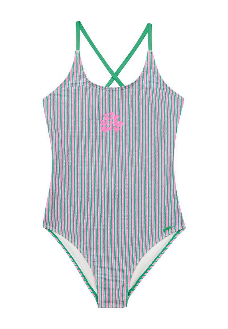 Gestreept badpak met dunne groene bandjes, voorzien van verticale roze en groene strepen, en een centraal roze logo detail.