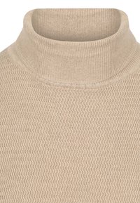 Beige gestrickter Rollkragenpullover mit geripptem Kragen und strukturiertem wellenförmigen Strickmuster am Körper.