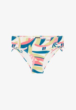 Bikini de fondo con un patrón abstracto colorido en tonos azules, rosas y verdes. Hecho de material elástico, tiene lazos a los lados.