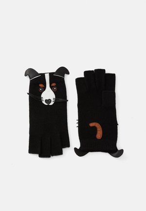 Luvas sem dedos de malha preta, com um design de rosto de cachorro, acompanhadas de detalhes brancos, pormenores em pele castanha e orelhas pretas levantadas.
