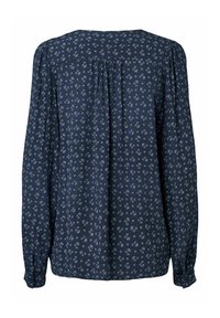 Blusa blu navy con maniche lunghe, caratterizzata da un piccolo motivo floreale, dettaglio di raccolta sul retro e polsini con bottone. Realizzata in tessuto leggero.