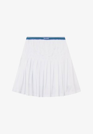 Gonna plissettata bianca con fascia in vita a strisce blu e verdi e logo GCDS al centro della fascia in vita.