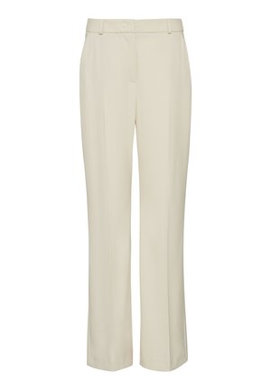 Light beige straight-leg trousers with a flat front, belt loops, and a smooth texture. Fabric appears soft and lightweight.