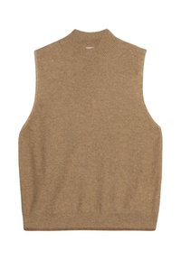 Jersey marrón sin mangas con un cuello acanalado alto. Textura suave con un ajuste ligeramente holgado y detalle en el bajo acanalado. Sin patrones ni acentos.