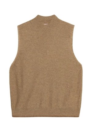 Brauner ärmelloser Pullover mit hohem Rippenkragen. Weiche Textur mit leicht lockerer Passform und Rippenabschluss. Keine Muster oder Akzente.