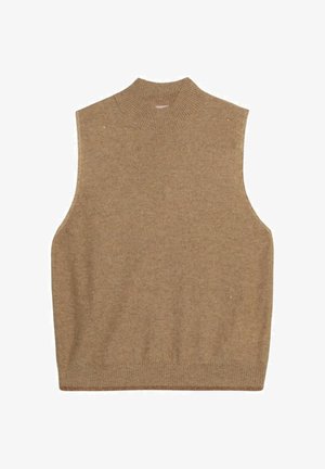 Jersey marrón sin mangas con un cuello acanalado alto. Textura suave con un ajuste ligeramente holgado y detalle en el bajo acanalado. Sin patrones ni acentos.