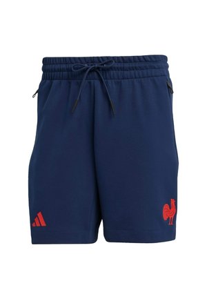Pantaloni sportivi blu navy con vita elasticizzata, cordino, tasche laterali e dettagli in logo con gallo rosso. Texture del tessuto liscia.