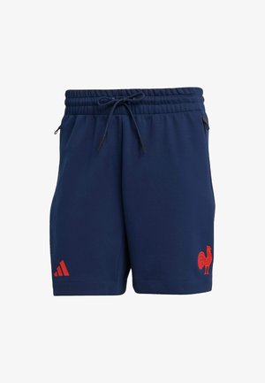 Námorné športové šortky s elastickým pásom, šnúrkou, bočnými vreckami a akcentmi červeného kohúta a loga značky. Hladká textúra látky.