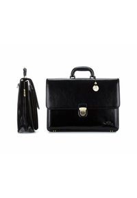 Czarna skórzana teczka o solidnej konstrukcji, wyposażona w górny uchwyt, złote okucia i zapięcie na zatrzask. Widok z boku ukazuje przegródki.