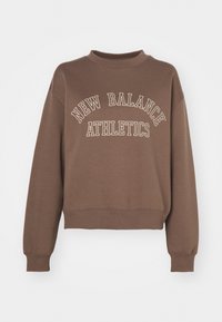 Brown sweatshirt with a crew neck, featuring "NEW BALANCE ATHLETICS" in white lettering across the front, ribbed cuffs, and hem.