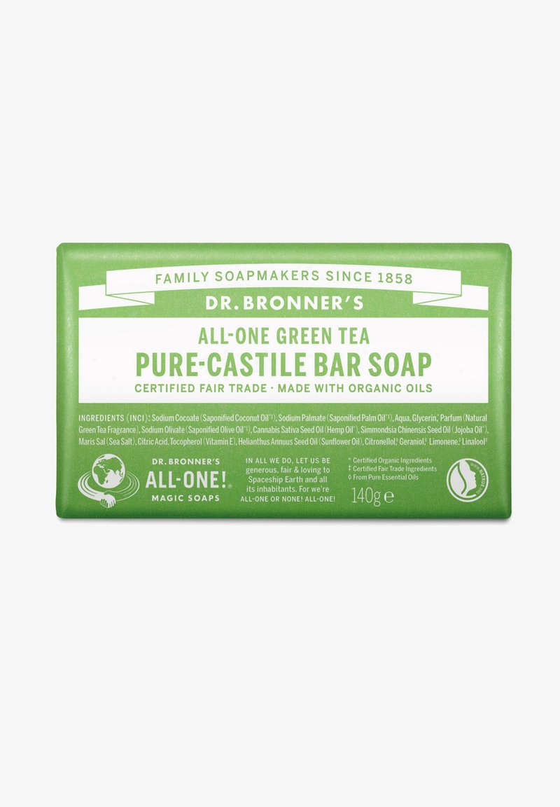 Dr. Bronner's All-One Green Tea Pure-Castile Bar Soap, green packaging, rectangular shape, labeled with ingredients and usage information. 140g.