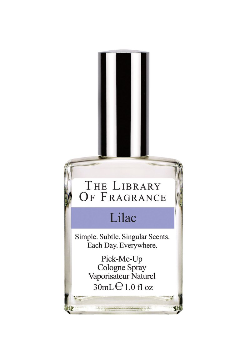 Genomskinlig glasflaska för cologne med silverlock. Frontalabeln har en lila accent med "Lilac" och text i svart. Kapacitet på 30 ml.