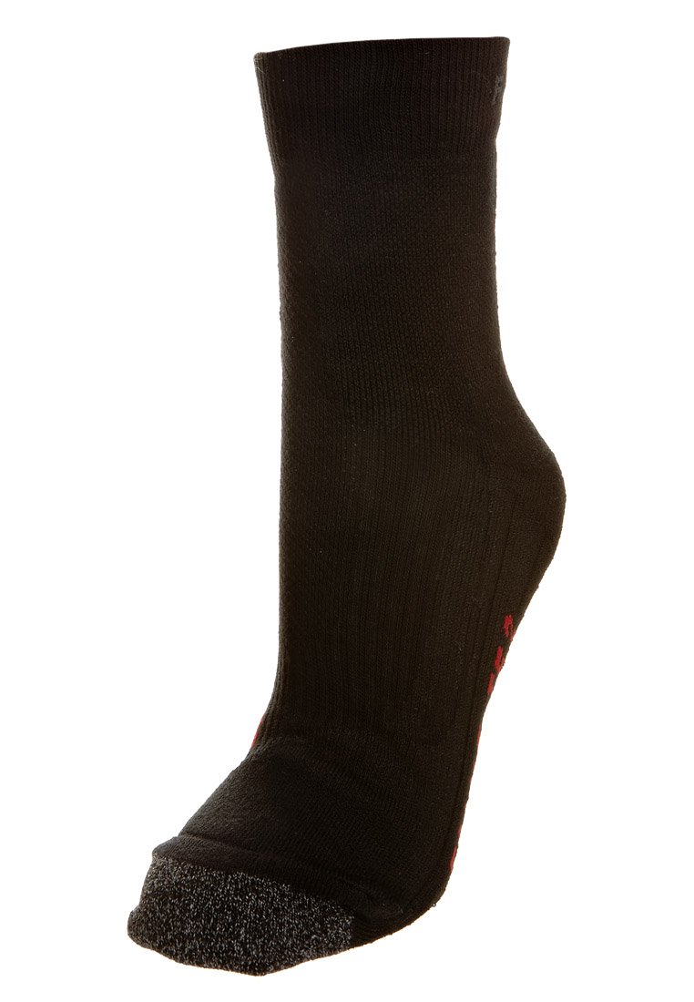 Calcetín negro con puntera y talón gris acolchados, hecho de una tela texturizada; presenta un diseño acanalado y un logo en rojo cerca de la parte superior.