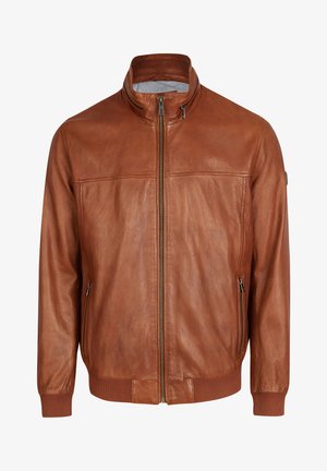 Smeđa kožna jakna s visokim ovratnikom, zatvaranjem na zip, dva bočna džepa, rebrastim elastikama na rukavima i glatkom teksturom. Ima čist dizajn.